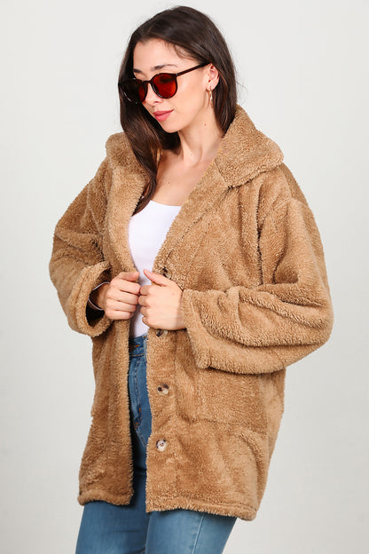 Kadın  Önü Düğmeli Peluş Ceket Bej