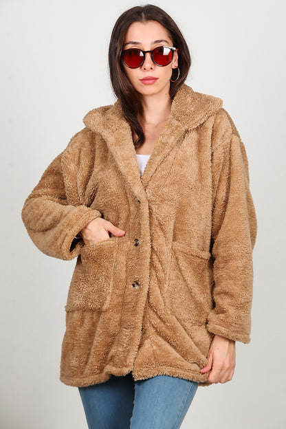 Kadın  Önü Düğmeli Peluş Ceket Bej