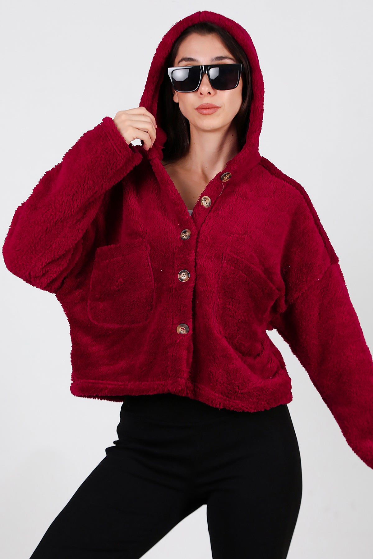 Kadın Kısa Kapşonlu Düğmeli Peluş Ceket Bordo