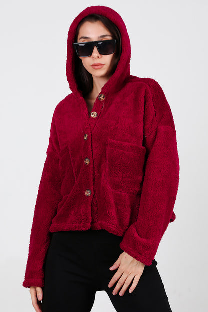 Kadın Kısa Kapşonlu Düğmeli Peluş Ceket Bordo