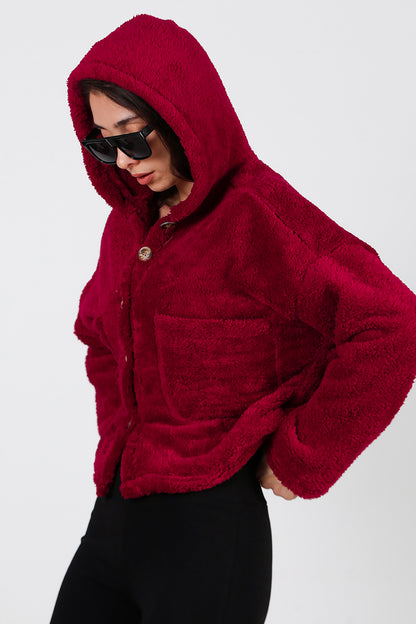 Kadın Kısa Kapşonlu Düğmeli Peluş Ceket Bordo