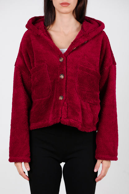 Kadın Kısa Kapşonlu Düğmeli Peluş Ceket Bordo