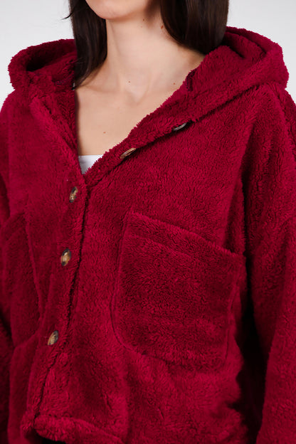 Kadın Kısa Kapşonlu Düğmeli Peluş Ceket Bordo