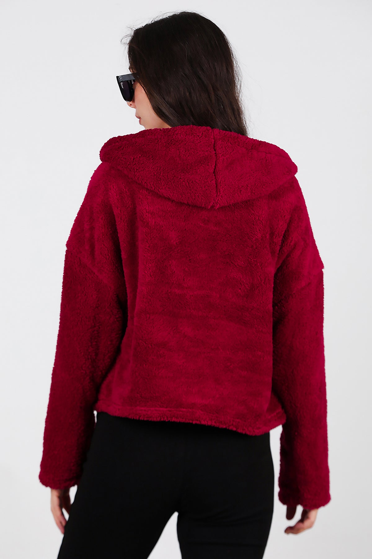 Kadın Kısa Kapşonlu Düğmeli Peluş Ceket Bordo