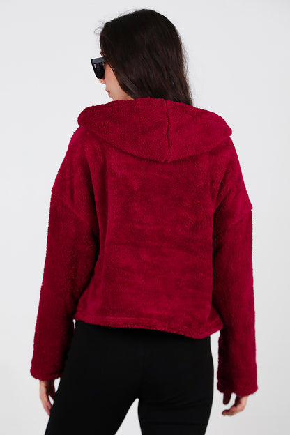 Kadın Kısa Kapşonlu Düğmeli Peluş Ceket Bordo