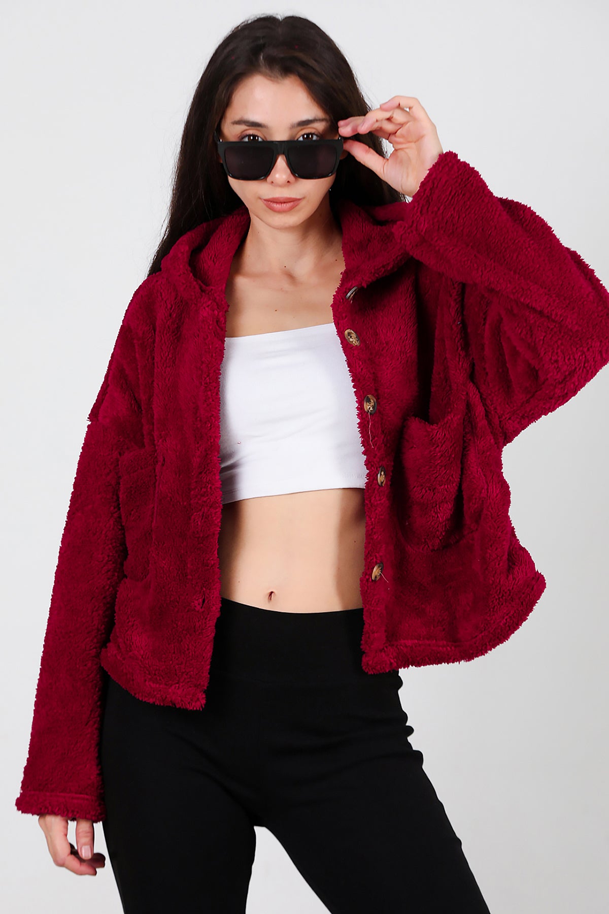 Kadın Kısa Kapşonlu Düğmeli Peluş Ceket Bordo