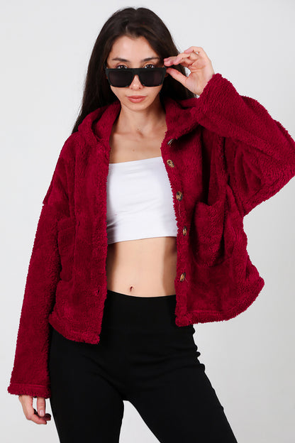 Kadın Kısa Kapşonlu Düğmeli Peluş Ceket Bordo