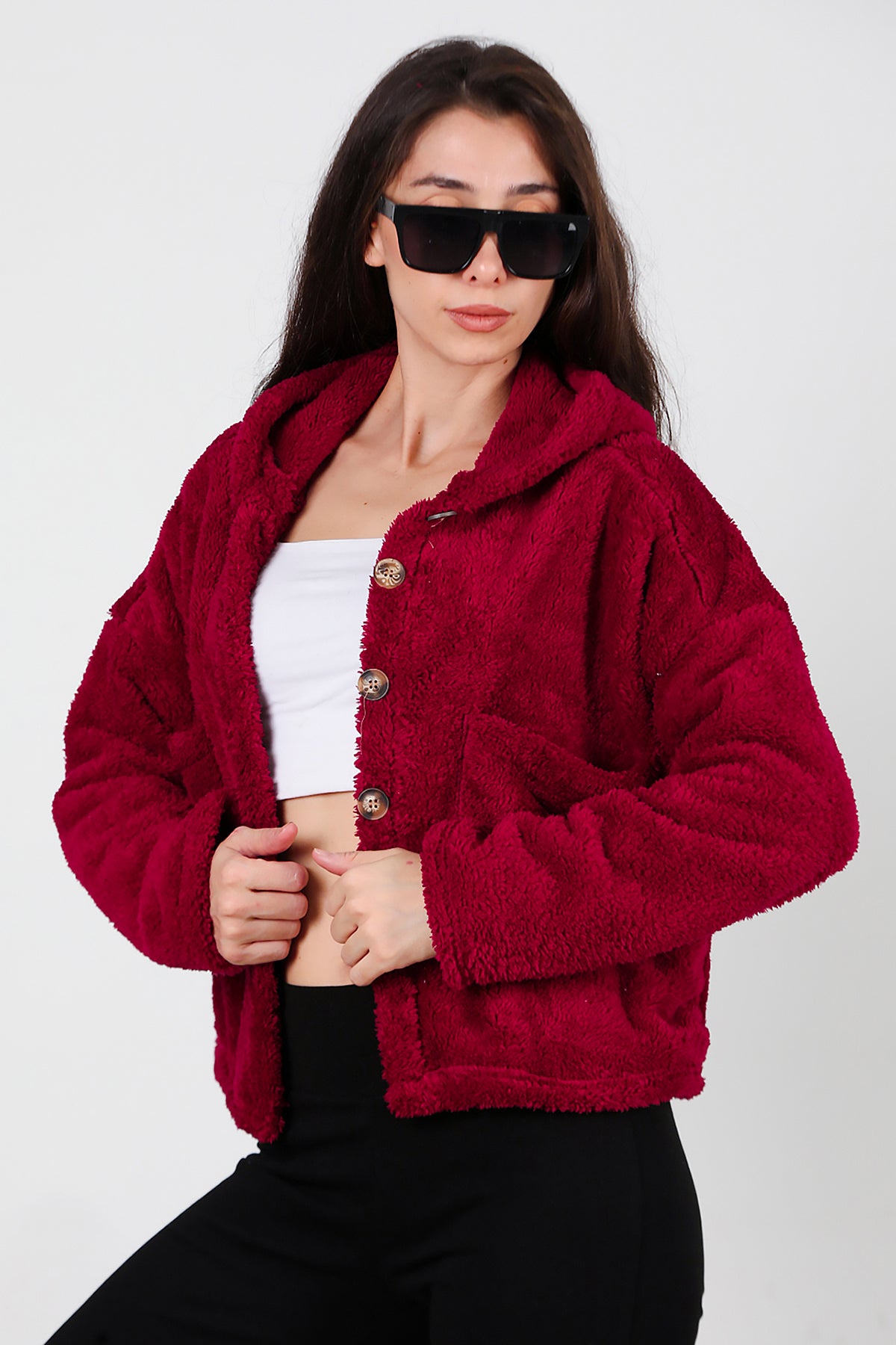 Kadın Kısa Kapşonlu Düğmeli Peluş Ceket Bordo