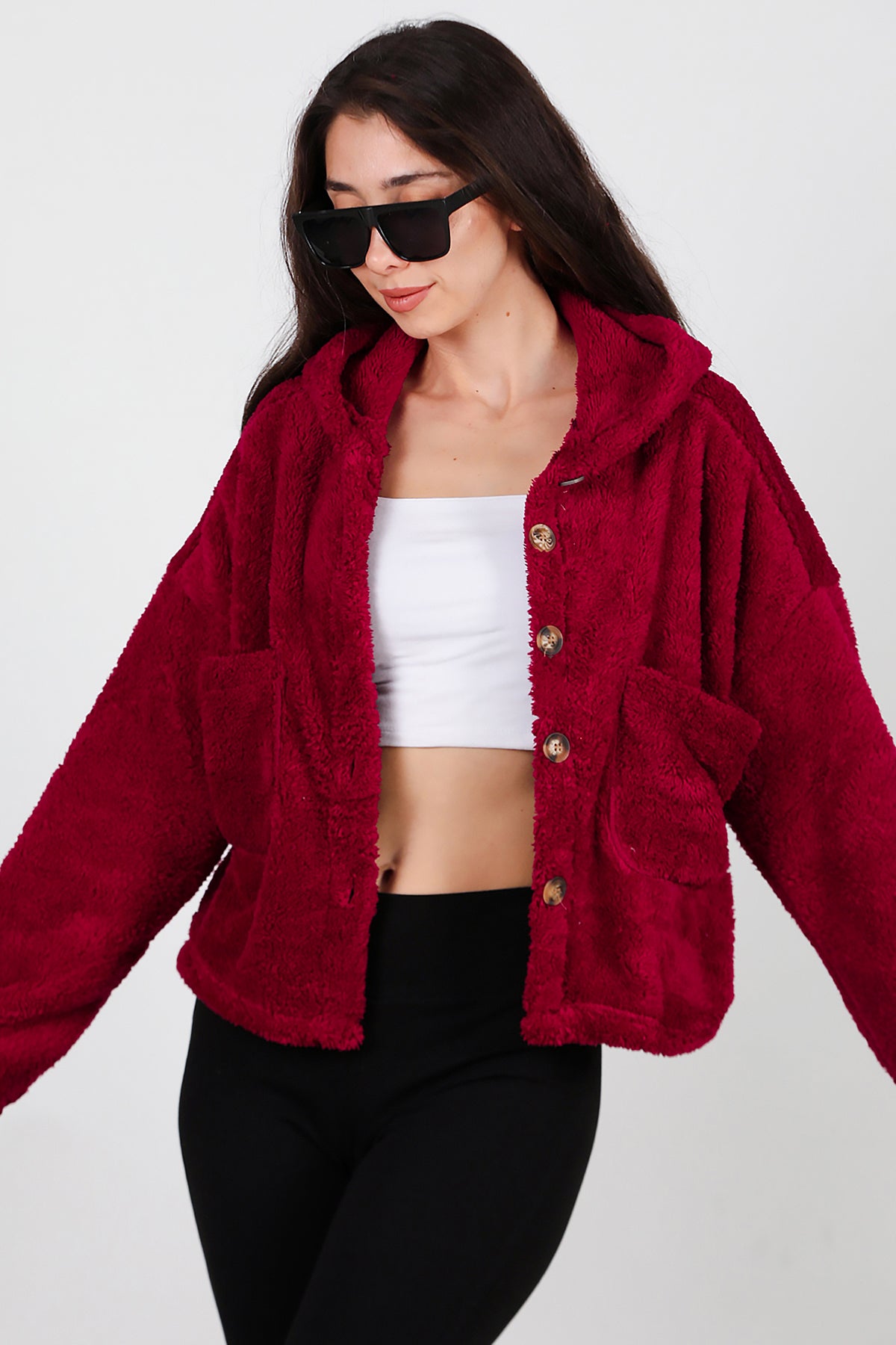Kadın Kısa Kapşonlu Düğmeli Peluş Ceket Bordo