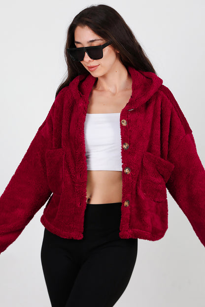Kadın Kısa Kapşonlu Düğmeli Peluş Ceket Bordo