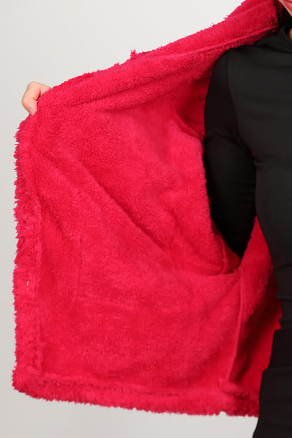 Kadın Kısa Kapşonlu Düğmeli Peluş Ceket  Fuşya