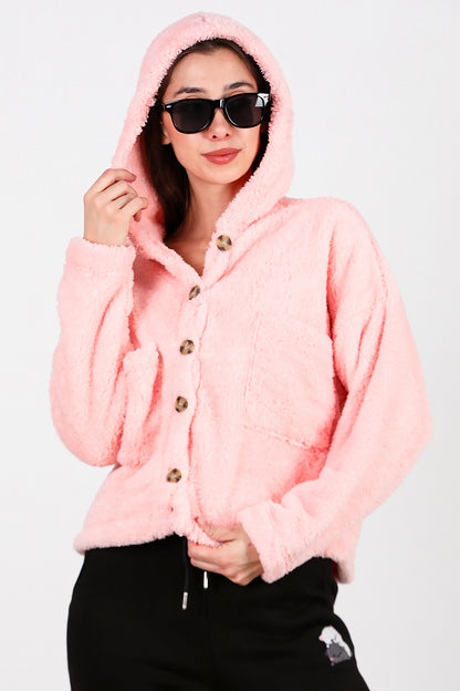 Kadın Kısa Kapşonlu Düğmeli Peluş Ceket Pudra
