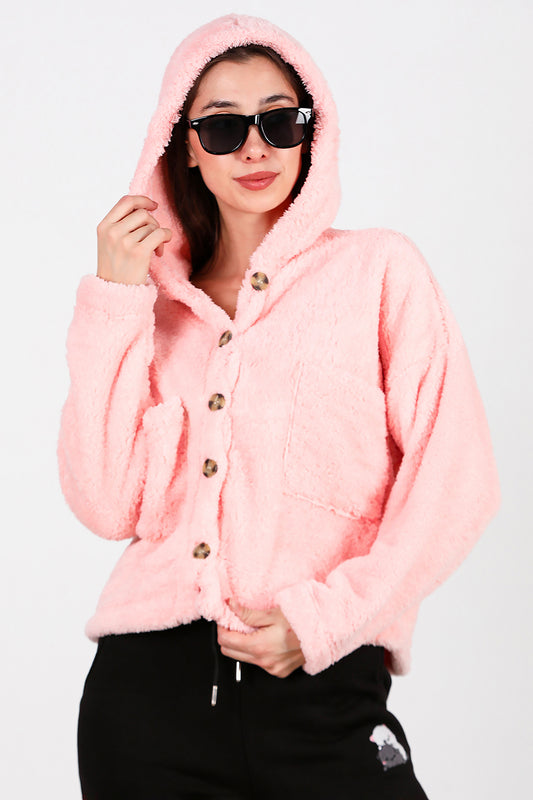 Kadın Kısa Kapşonlu Düğmeli Peluş Ceket Pudra