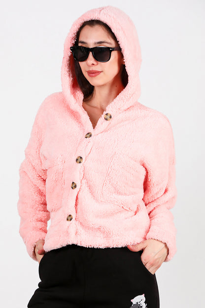 Kadın Kısa Kapşonlu Düğmeli Peluş Ceket Pudra