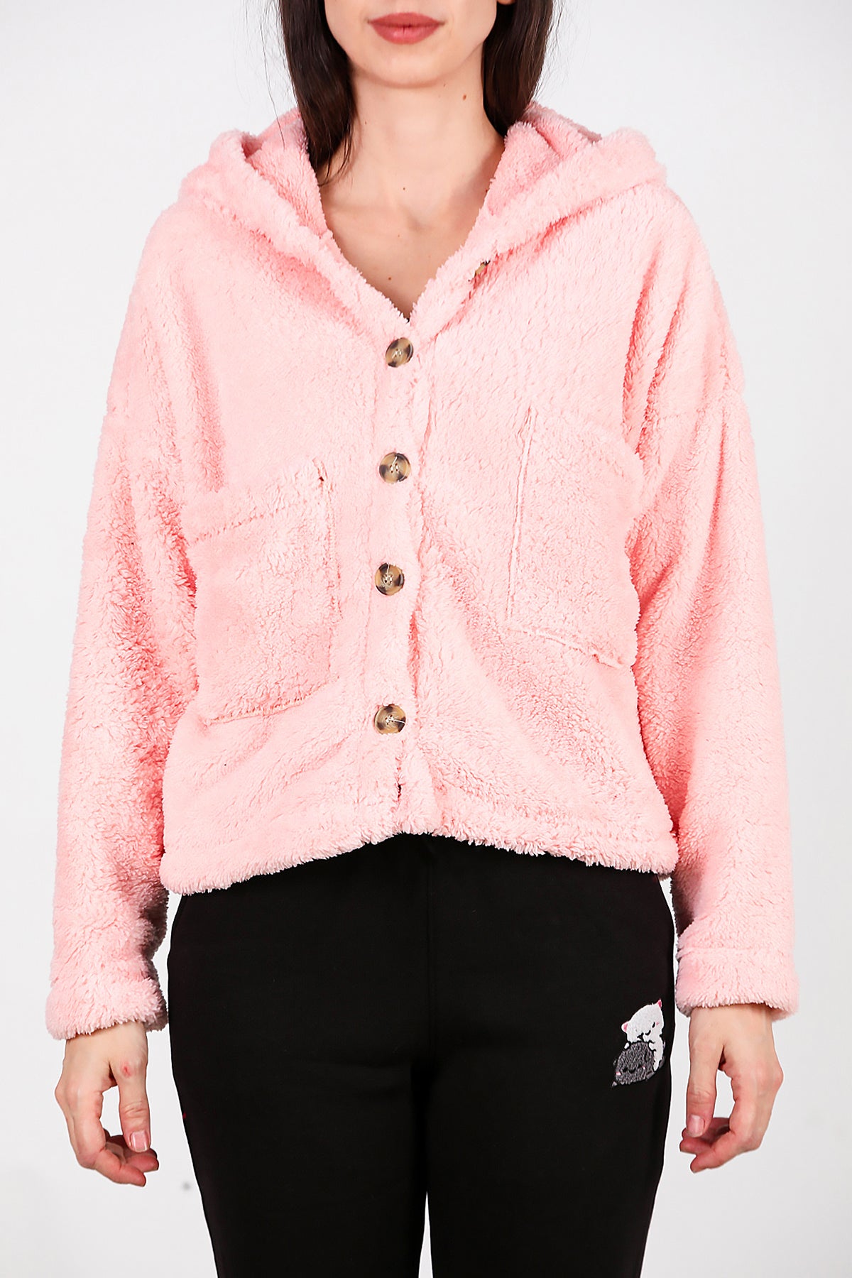 Kadın Kısa Kapşonlu Düğmeli Peluş Ceket Pudra