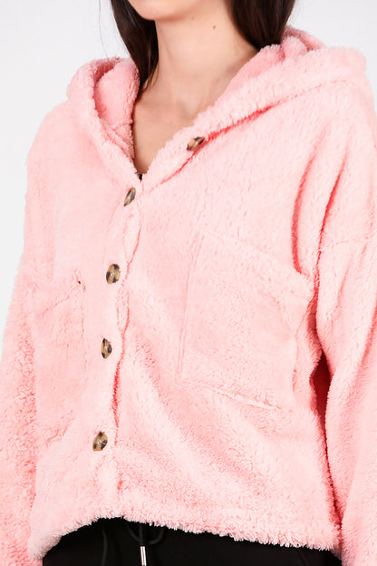 Kadın Kısa Kapşonlu Düğmeli Peluş Ceket Pudra