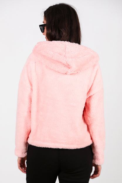 Kadın Kısa Kapşonlu Düğmeli Peluş Ceket Pudra
