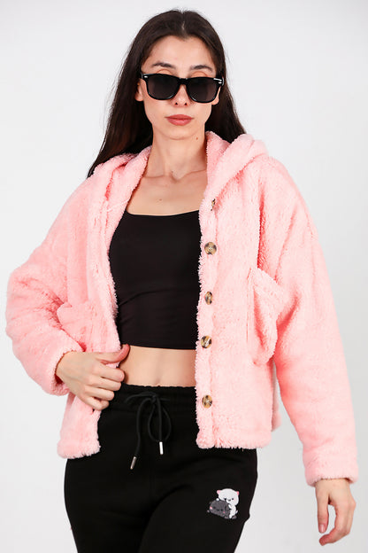 Kadın Kısa Kapşonlu Düğmeli Peluş Ceket Pudra