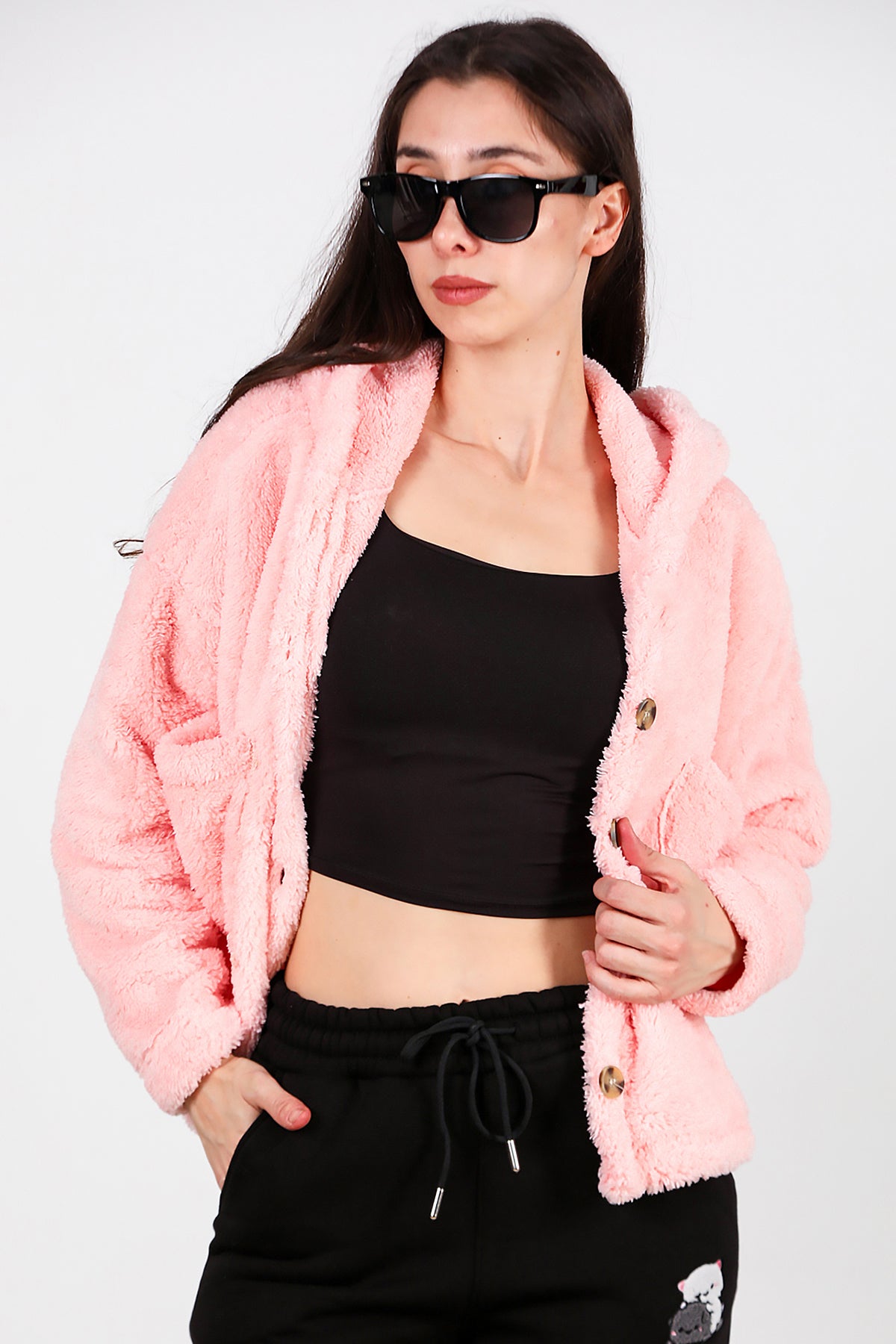 Kadın Kısa Kapşonlu Düğmeli Peluş Ceket Pudra