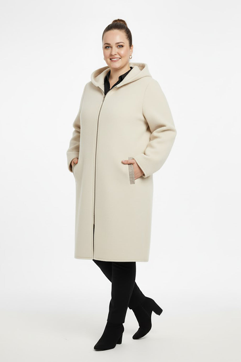 Büyük Beden Ön Fermuarlı Kapşonlu Kaşe Kaban Taş