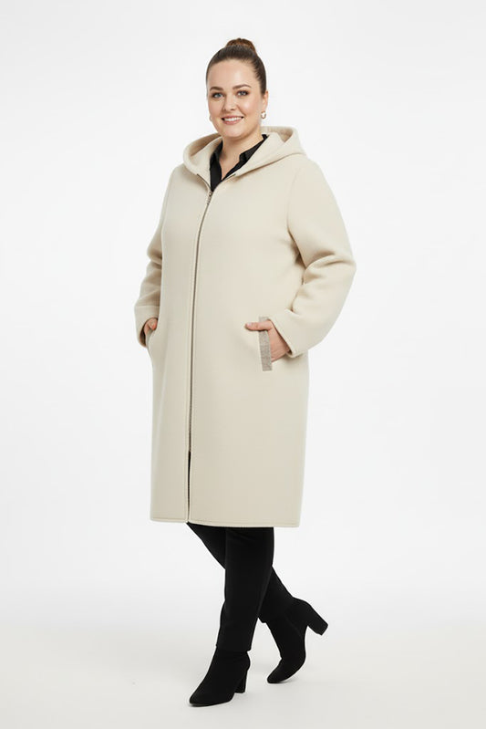 Büyük Beden Ön Fermuarlı Kapşonlu Kaşe Kaban Taş