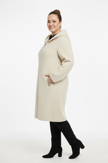 Büyük Beden Ön Fermuarlı Kapşonlu Kaşe Kaban Taş