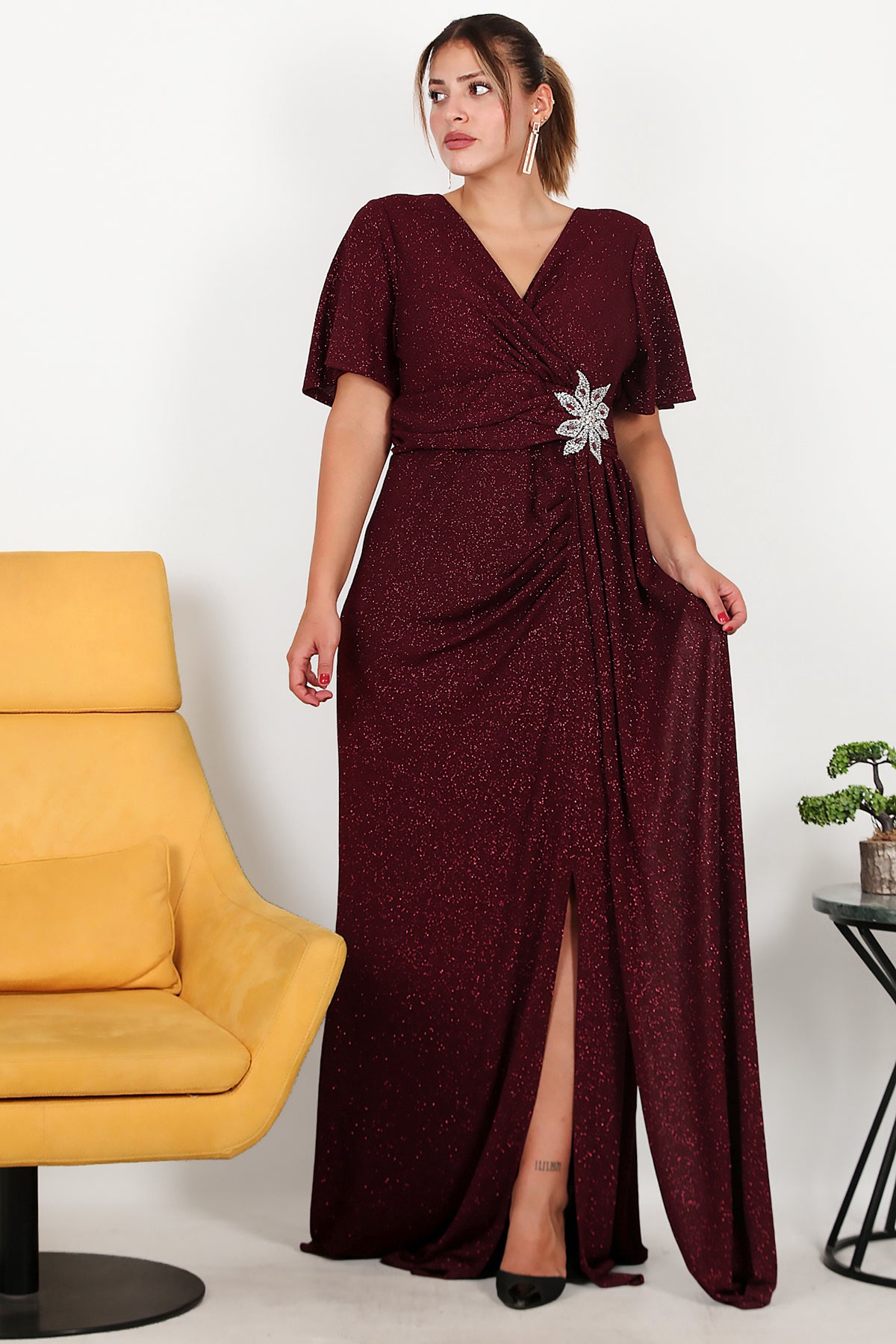 Büyük Beden Beli Çiçek Motif Taşlı Uzun Abiye Bordo