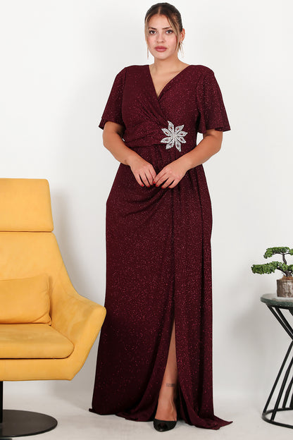Büyük Beden Beli Çiçek Motif Taşlı Uzun Abiye Bordo