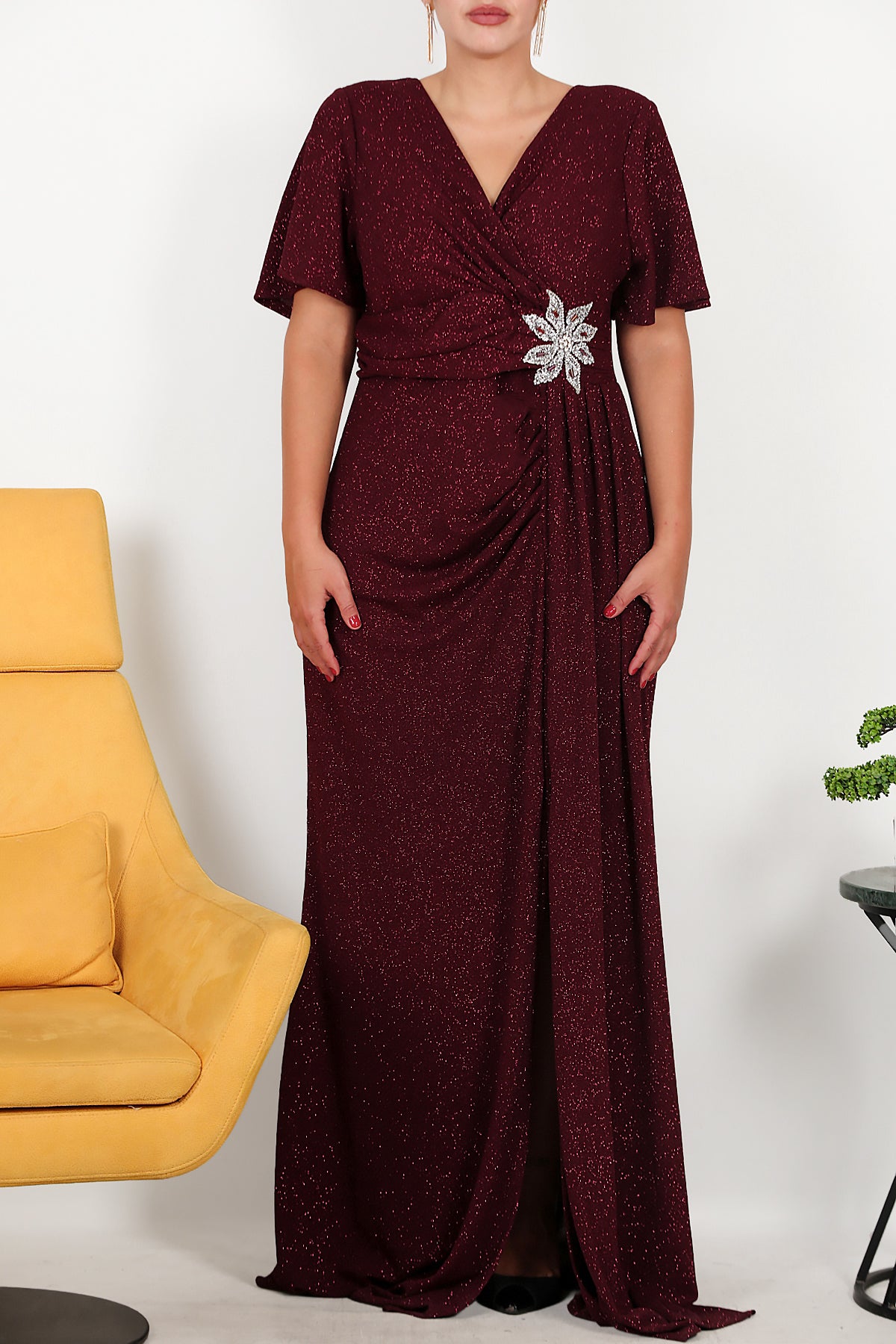 Büyük Beden Beli Çiçek Motif Taşlı Uzun Abiye Bordo