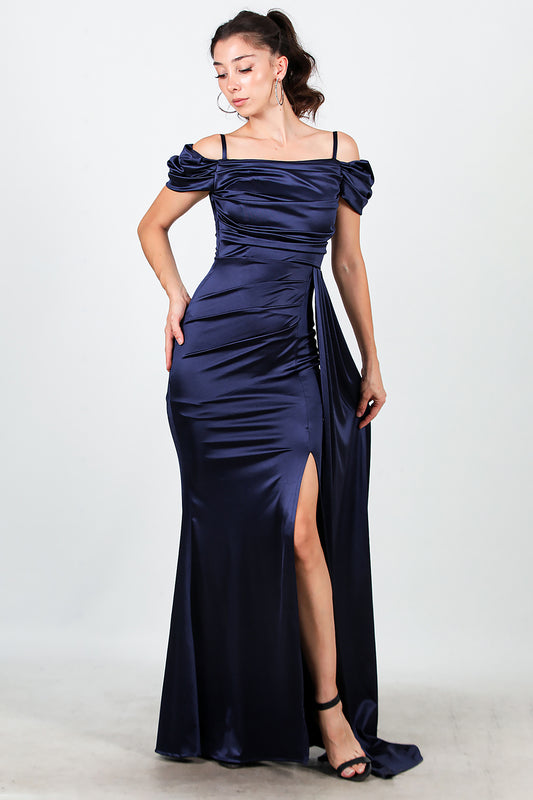 Kadın Düşük Omuz Saten Uzun Abiye Lacivert