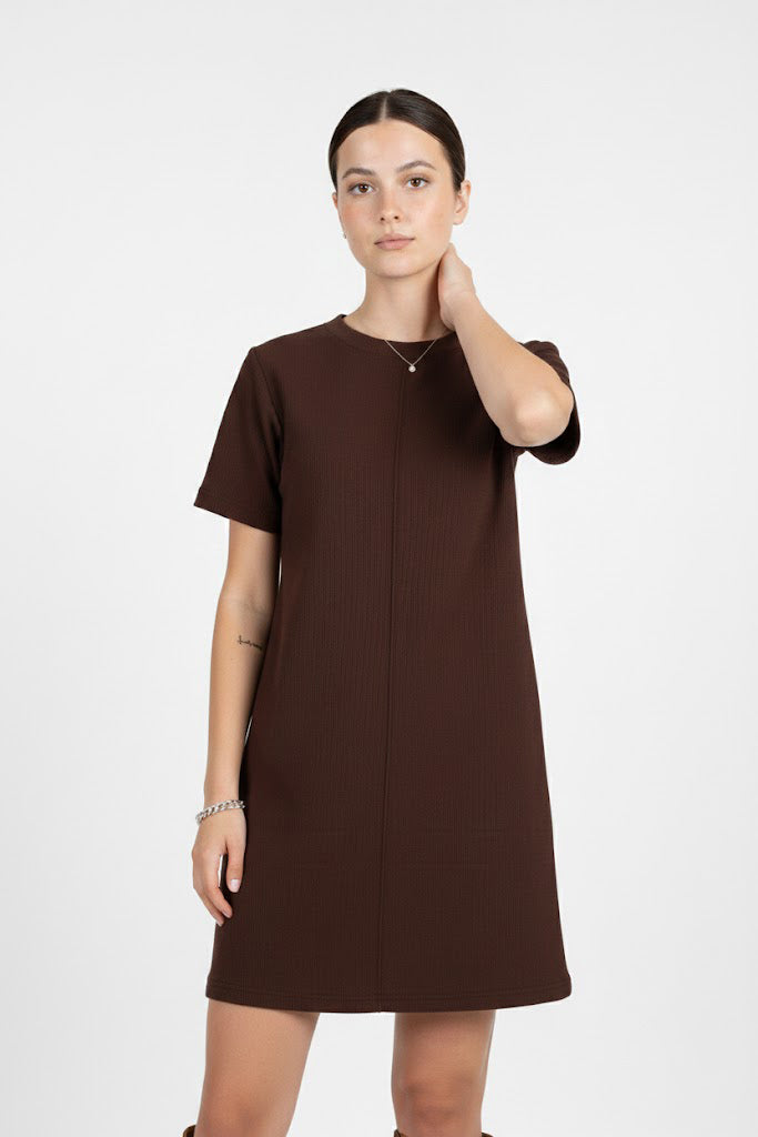 Ribfit Kadın Önü Çimalı Fitilli Elbise Kahverengi