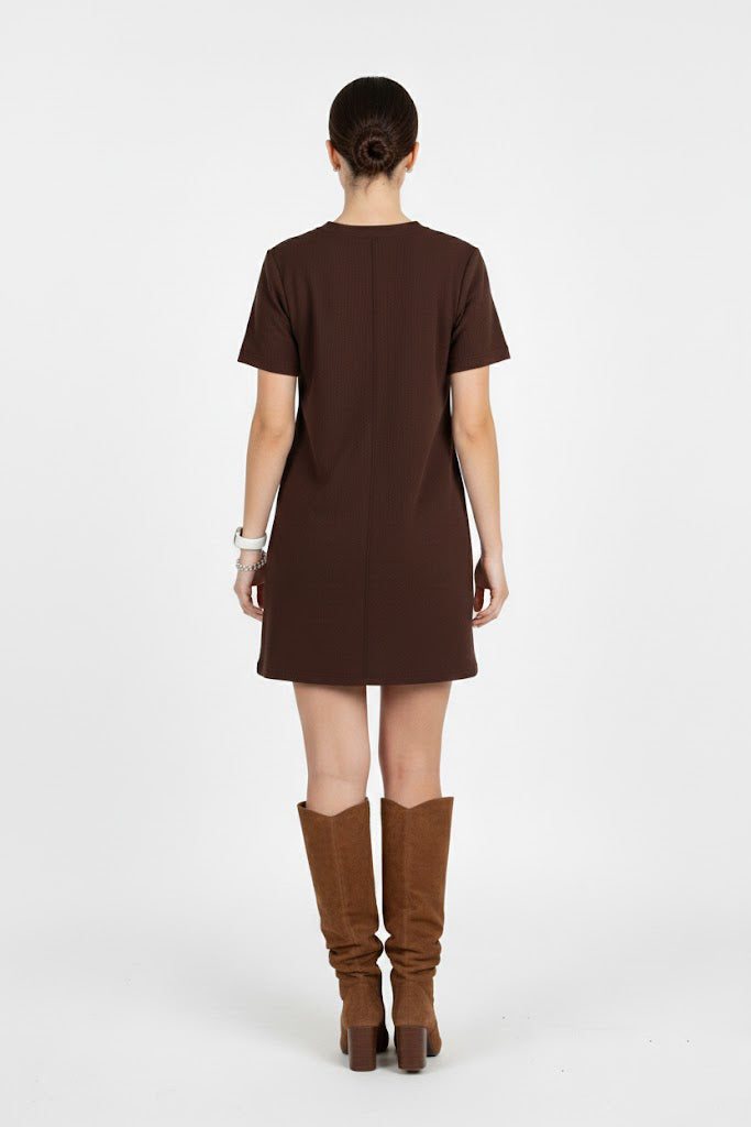 Ribfit Kadın Önü Çimalı Fitilli Elbise Kahverengi