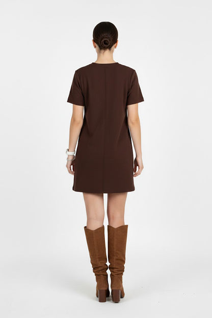 Ribfit Kadın Önü Çimalı Fitilli Elbise Kahverengi