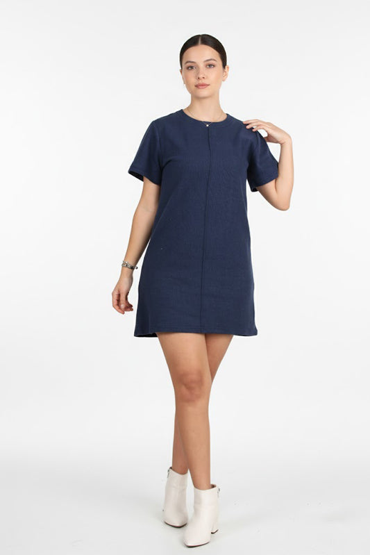 Ribfit Kadın Önü Çimalı Fitilli Elbise Lacivert