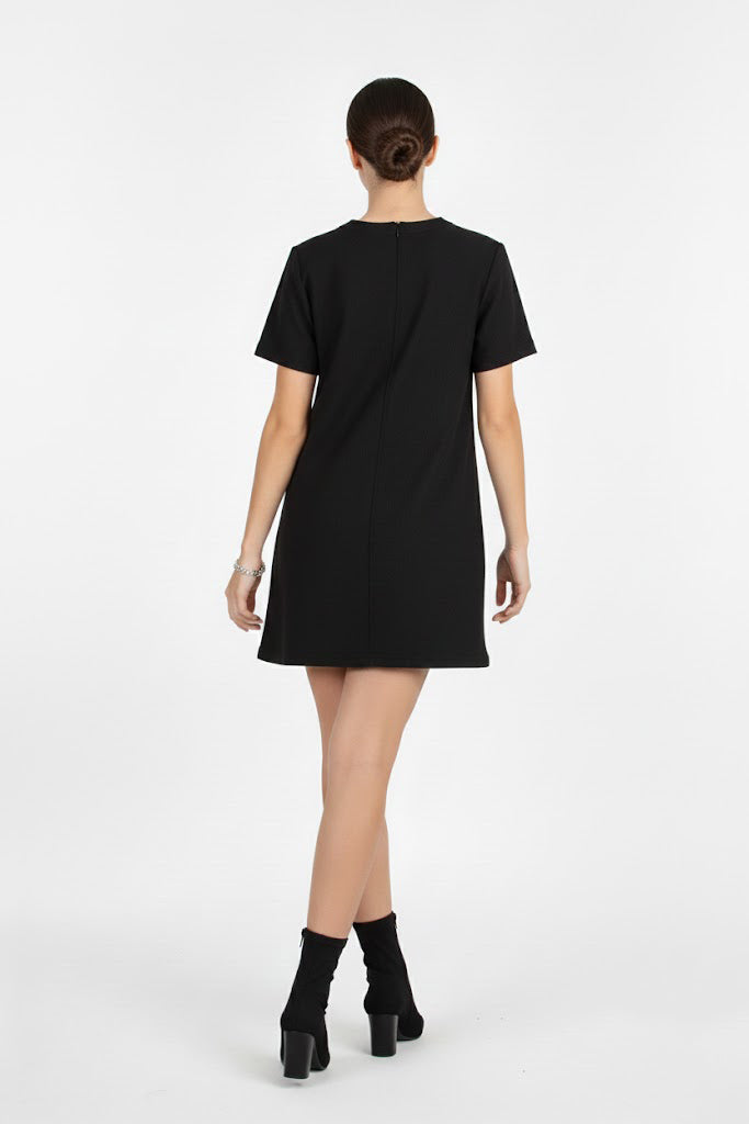 Ribfit Kadın Önü Çimalı Fitilli Elbise Siyah