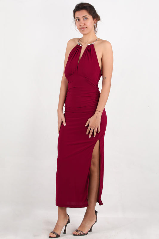 Aurea Kadın Boyun Halka Detay Yırtmaçlı Elbise Bordo