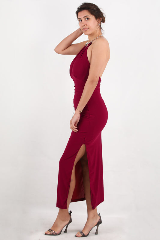 Aurea Kadın Boyun Halka Detay Yırtmaçlı Elbise Bordo