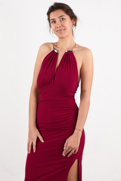 Aurea Kadın Boyun Halka Detay Yırtmaçlı Elbise Bordo