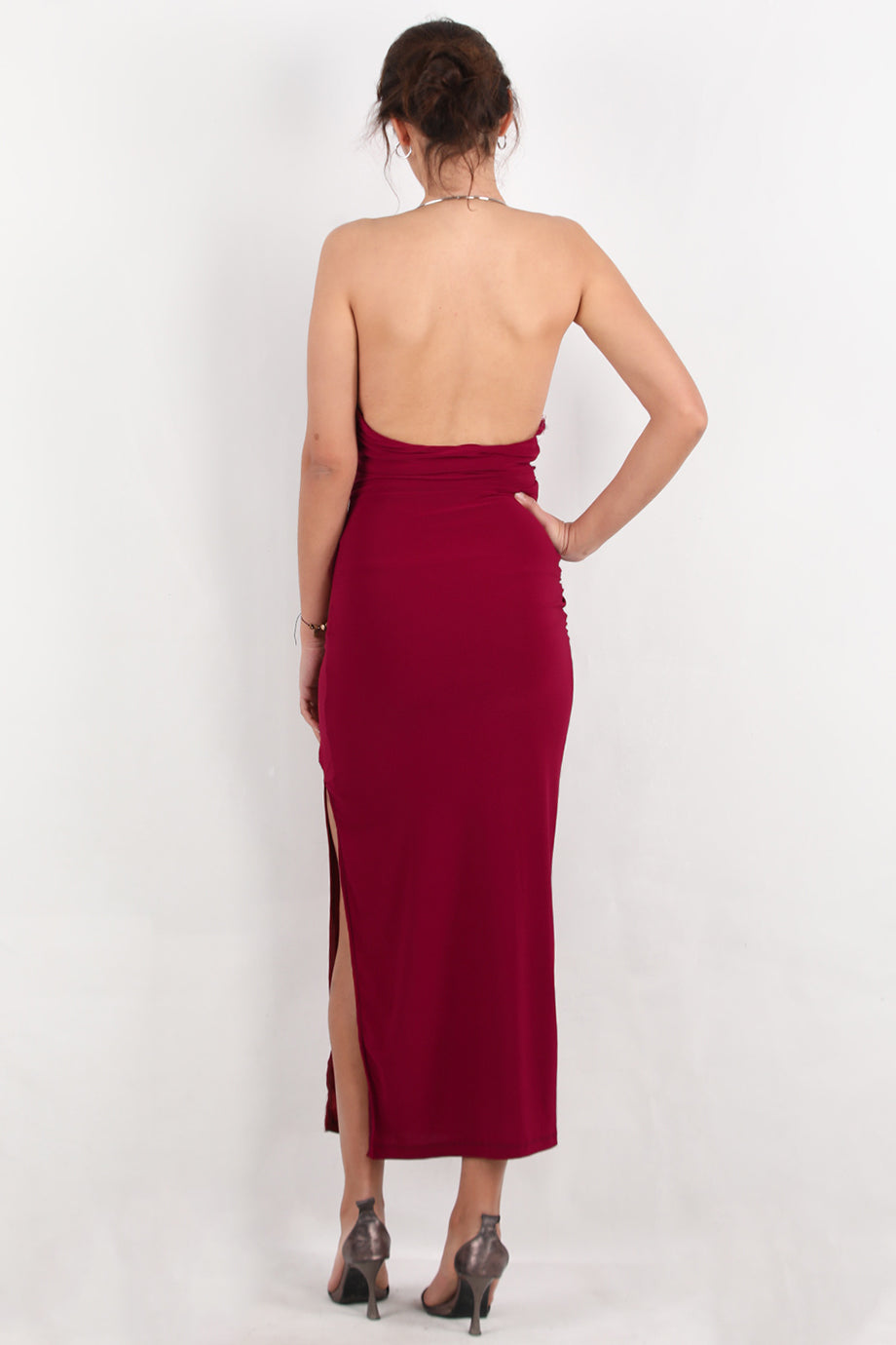 Aurea Kadın Boyun Halka Detay Yırtmaçlı Elbise Bordo