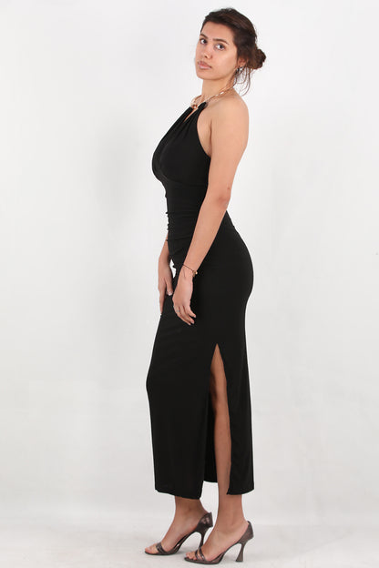 Aurea Kadın Boyun Halka Detay Yırtmaçlı Elbise Siyah