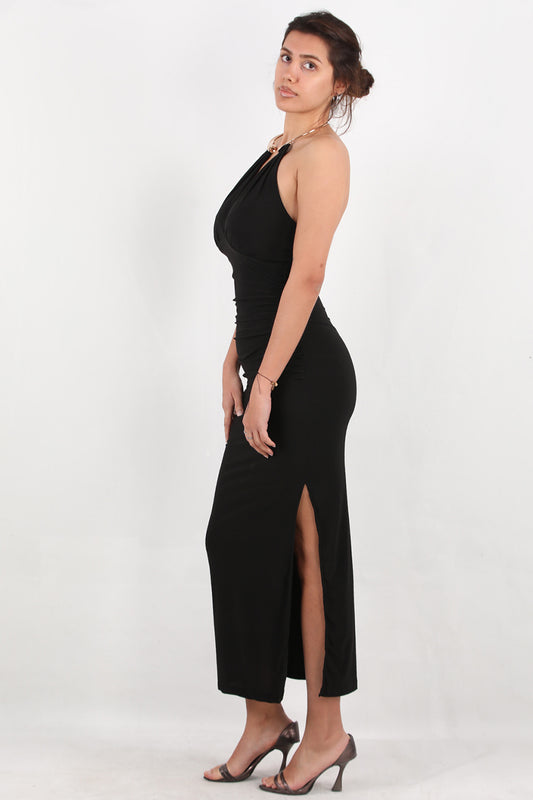 Aurea Kadın Boyun Halka Detay Yırtmaçlı Elbise Siyah