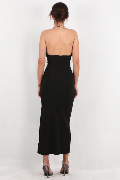 Aurea Kadın Boyun Halka Detay Yırtmaçlı Elbise Siyah