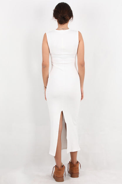 Silpha Kadın Kare Yaka Arka Yırtmaçlı Fitilli Uzun Elbise Beyaz