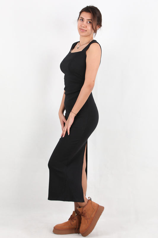 Silpha Kadın Kare Yaka Arka Yırtmaçlı Fitilli Uzun Elbise Siyah