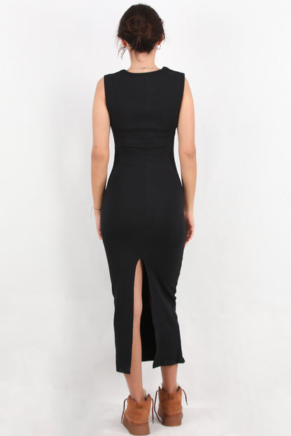 Silpha Kadın Kare Yaka Arka Yırtmaçlı Fitilli Uzun Elbise Siyah