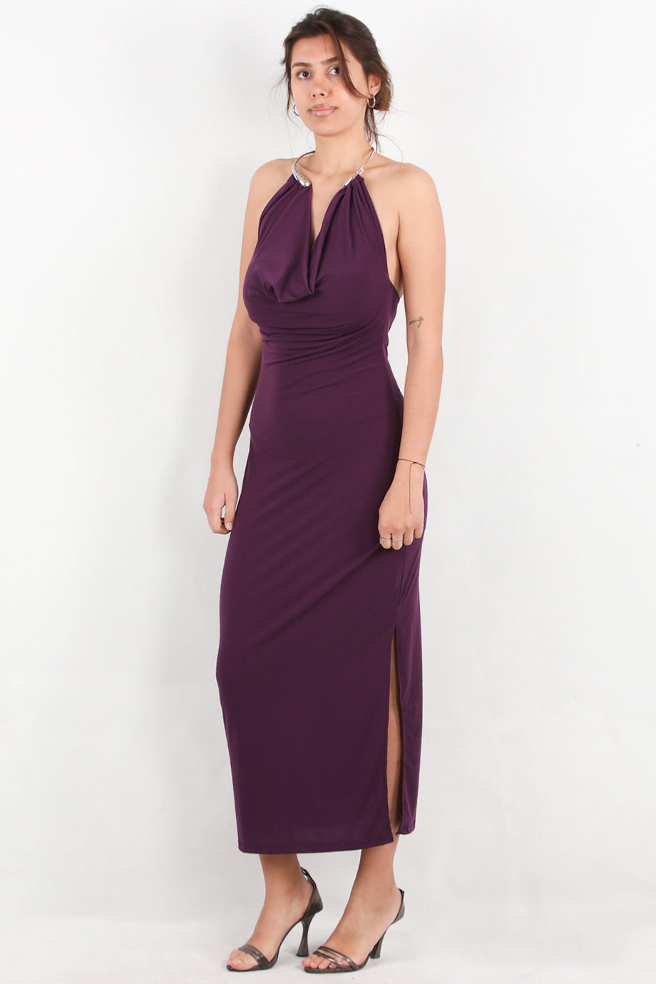 Backless Kadın Boynu Halka Detay Sırt Dekolte Elbise Mor