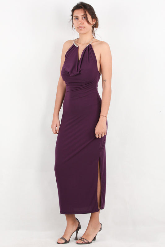 Backless Kadın Boynu Halka Detay Sırt Dekolte Elbise Mor