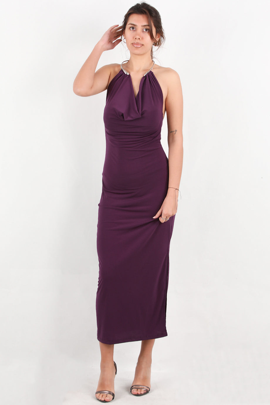 Backless Kadın Boynu Halka Detay Sırt Dekolte Elbise Mor