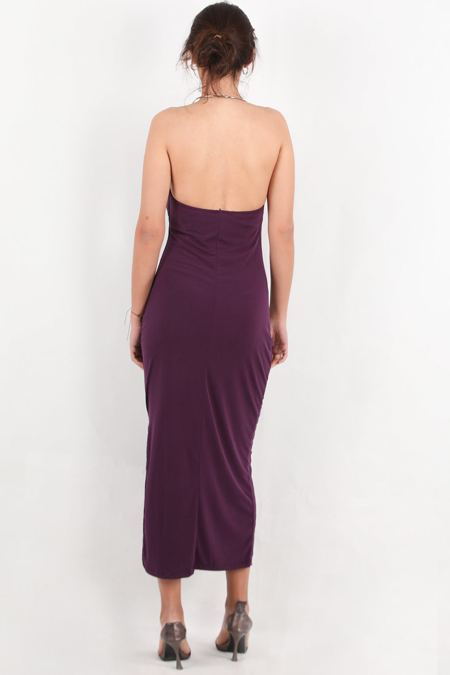 Backless Kadın Boynu Halka Detay Sırt Dekolte Elbise Mor