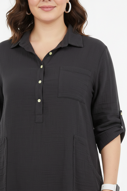 Musalux Büyük Beden Müslin Kumaş Tunik Elbise Siyah